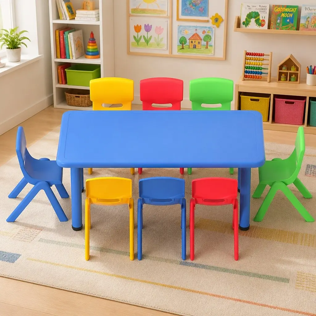 Kids Activity Table and Chairs Set 9 Piece Study Desk Stackable Seating Blue Green Red Yellow