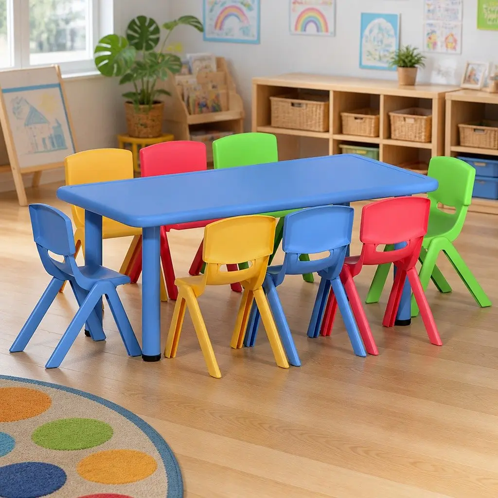 Kids Activity Table and Chairs Set 9 Piece Study Desk Stackable Seating Blue Green Red Yellow