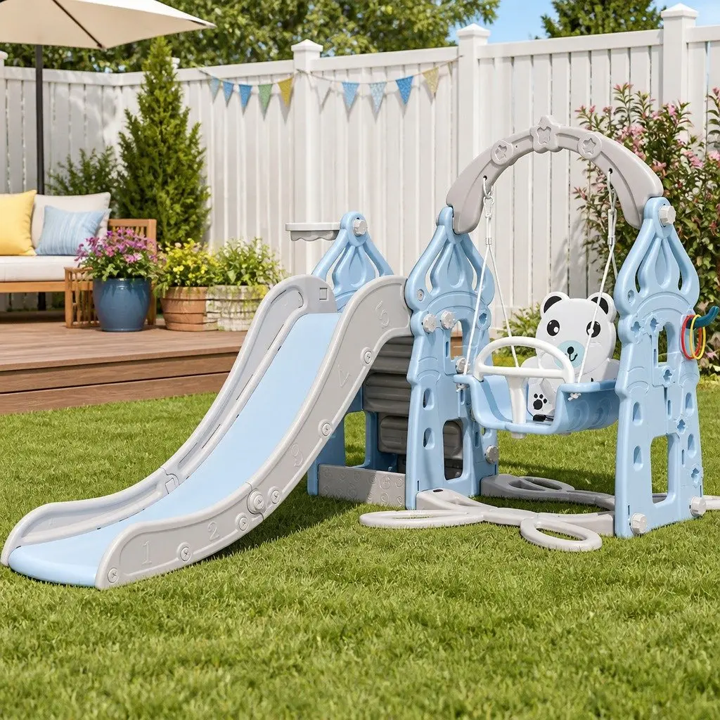 Kids 5-in-1 Slide Swing Set Basketball Hoop Ring Toss Game Outdoor Play