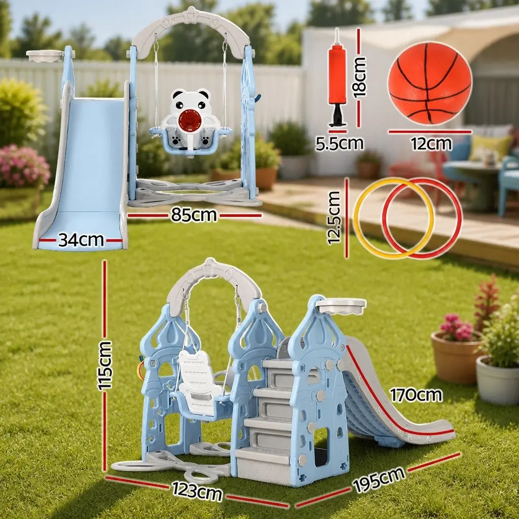 Kids 5-in-1 Slide Swing Set Basketball Hoop Ring Toss Game Outdoor Play