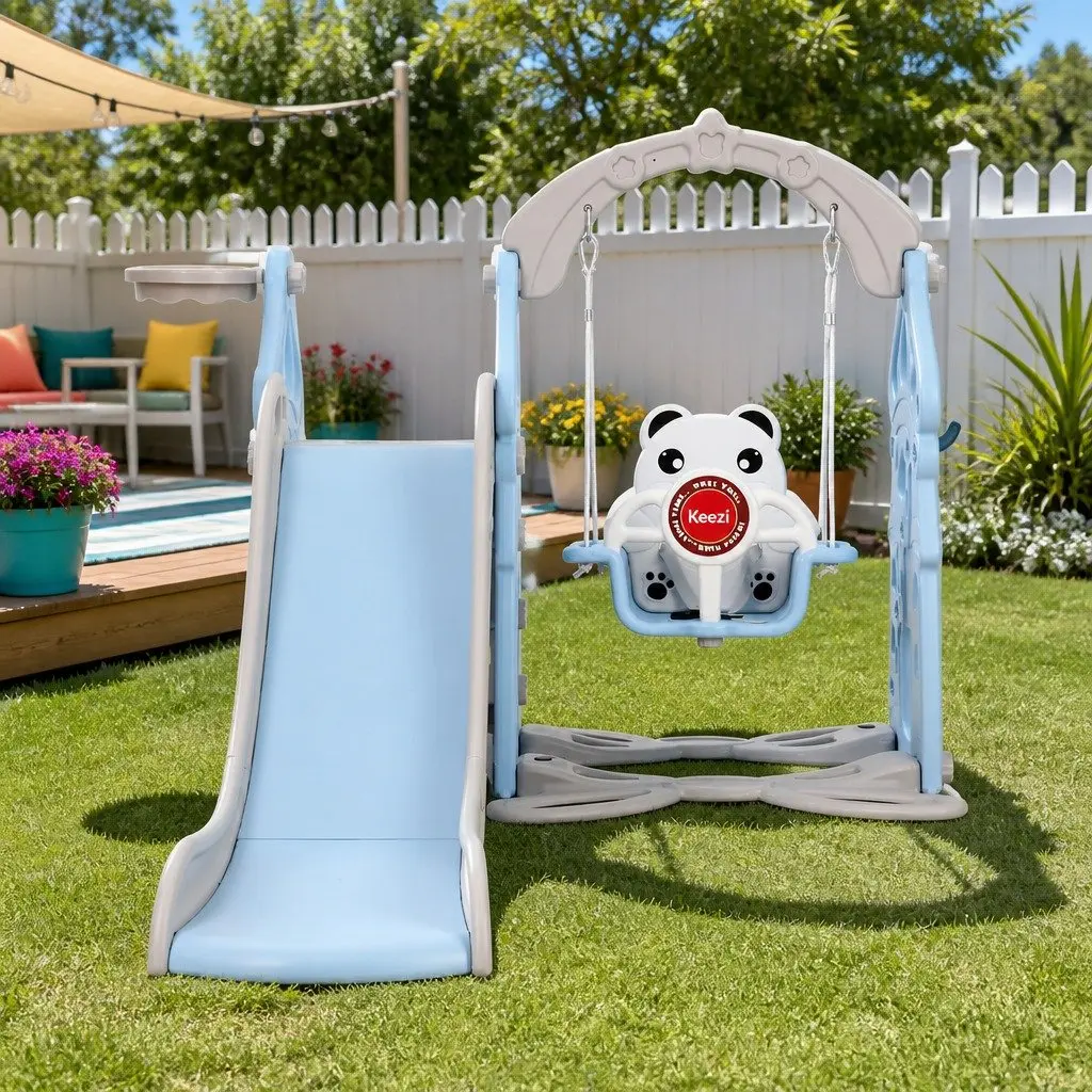 Kids 5-in-1 Slide Swing Set Basketball Hoop Ring Toss Game Outdoor Play