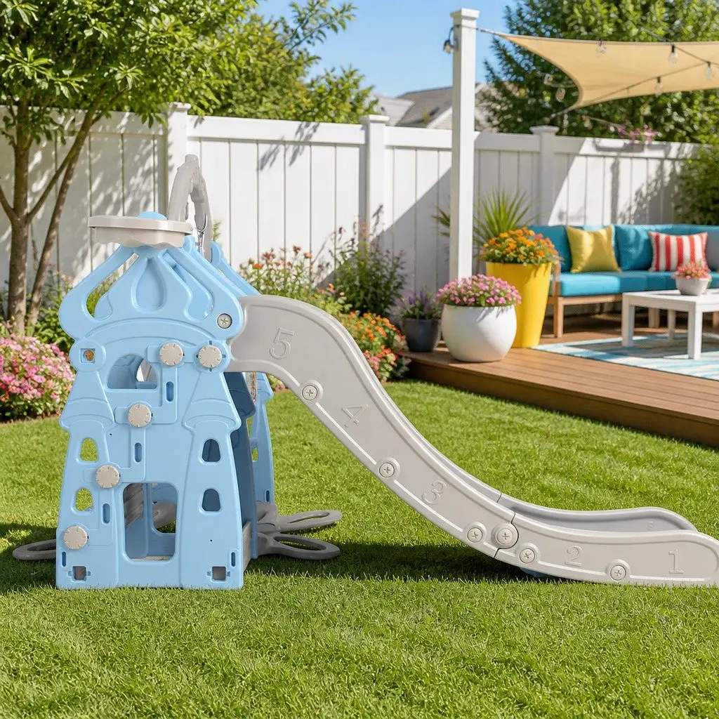 Kids 5-in-1 Slide Swing Set Basketball Hoop Ring Toss Game Outdoor Play
