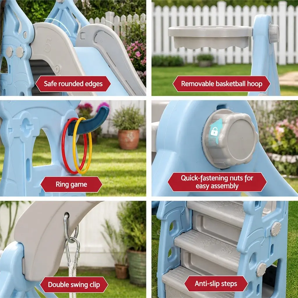 Kids 5-in-1 Slide Swing Set Basketball Hoop Ring Toss Game Outdoor Play