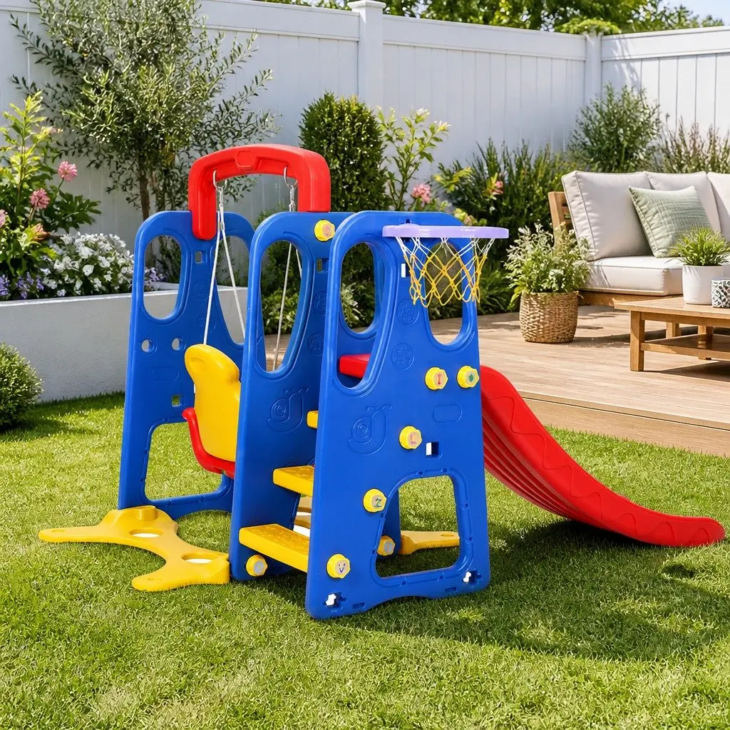 Kids Slide Swing Set Basketball Hoop Outdoor Playground Equipment 150cm Long Green