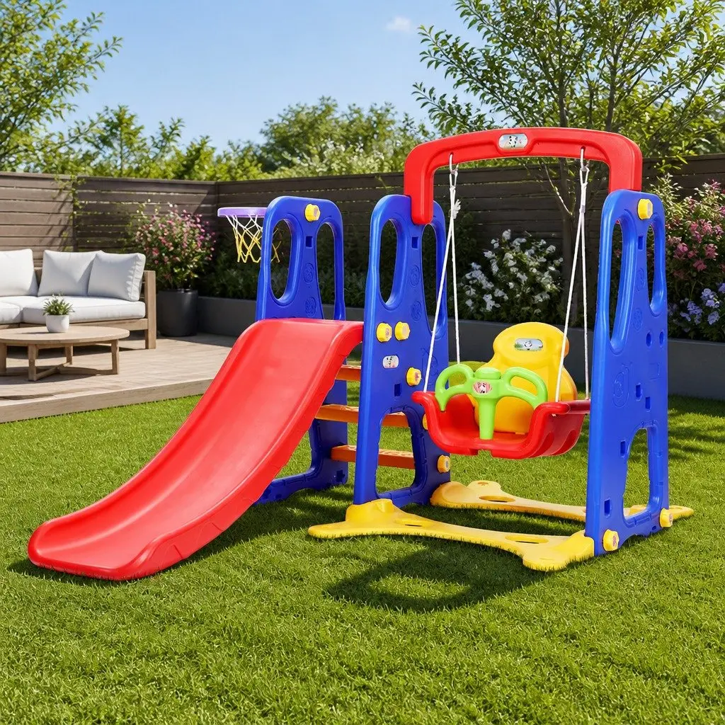 Kids Slide Swing Set Basketball Hoop Outdoor Playground Equipment 150cm Long Green