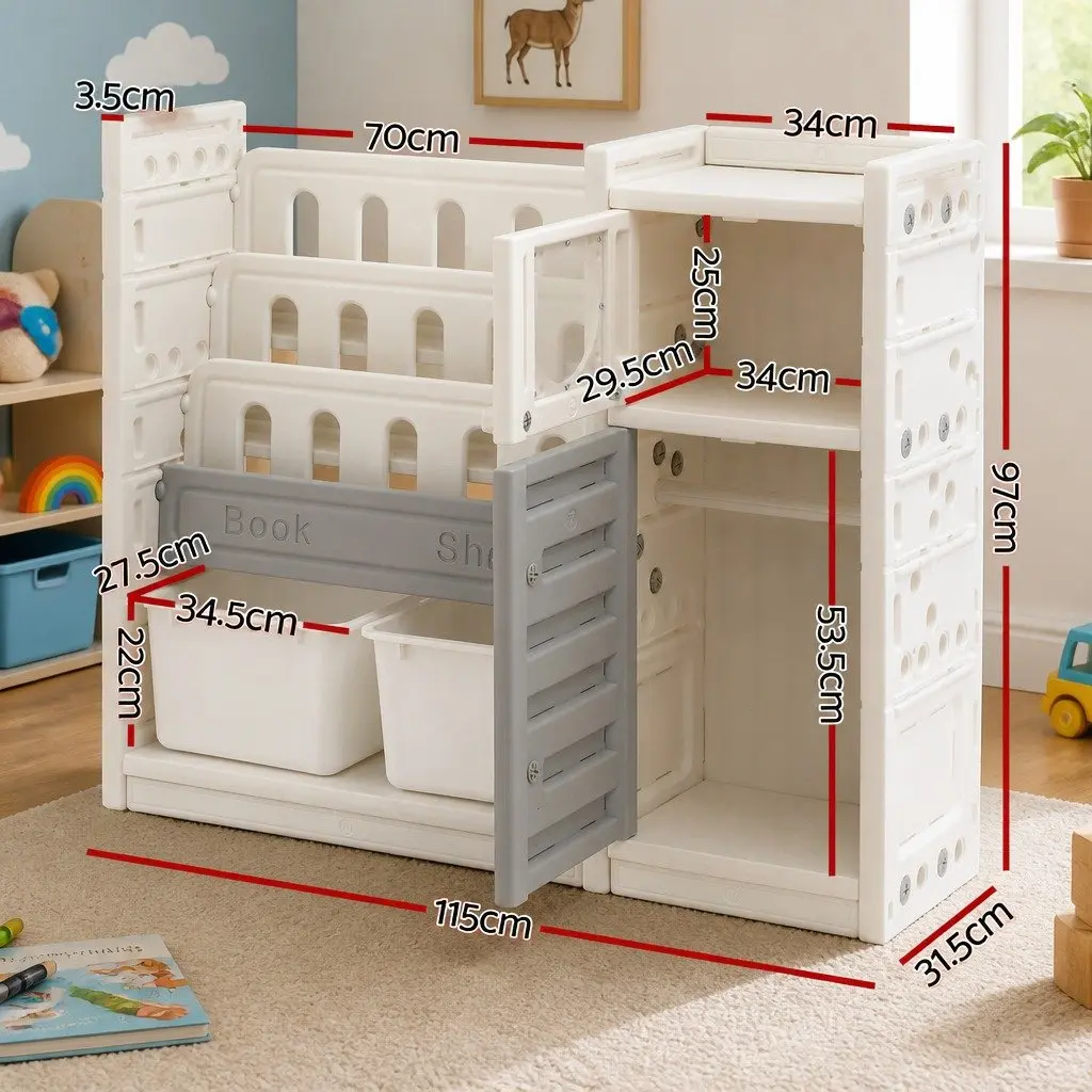Kids Bookshelf Toy Storage Organizer 3-Tier Shelves Removable Bins White Grey