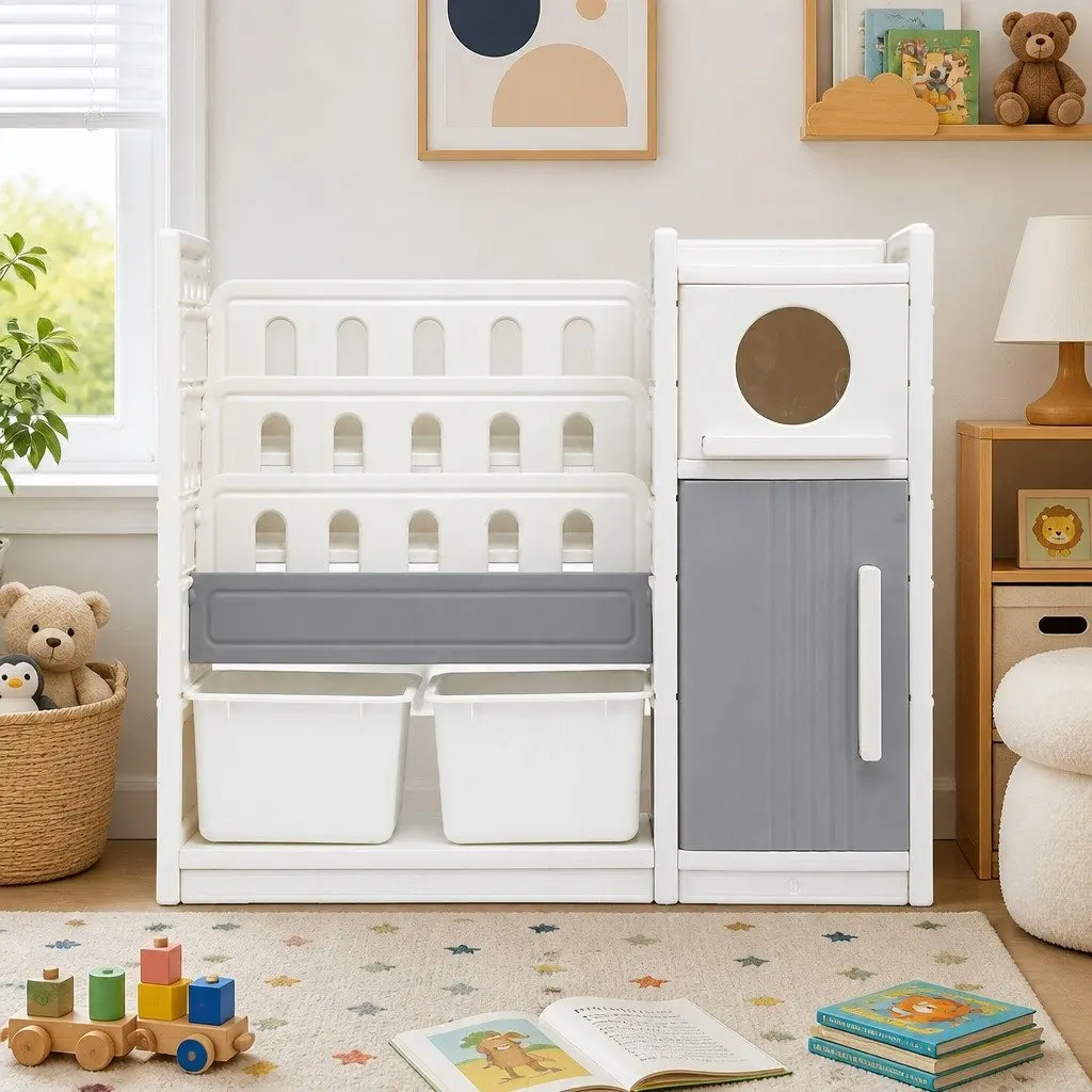 Kids Bookshelf Toy Storage Organizer 3-Tier Shelves Removable Bins White Grey