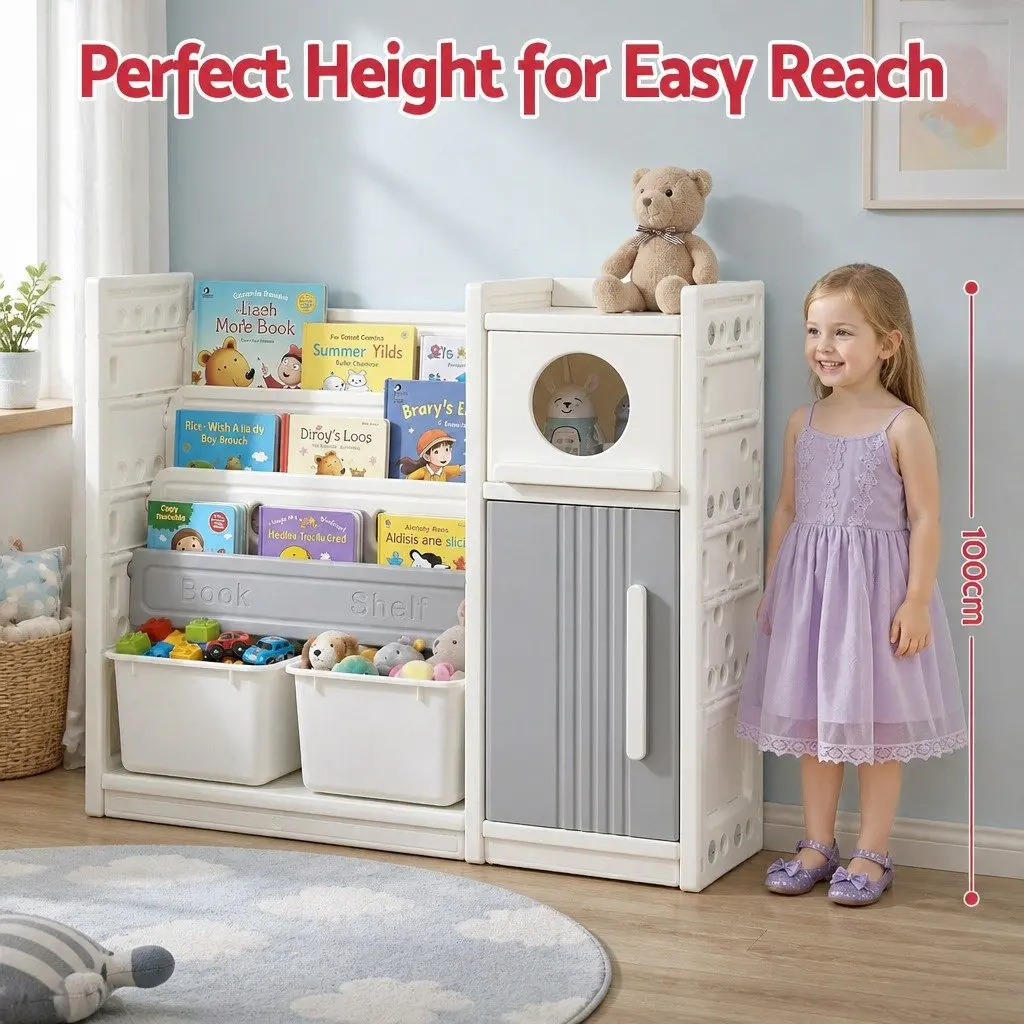 Kids Bookshelf Toy Storage Organizer 3-Tier Shelves Removable Bins White Grey