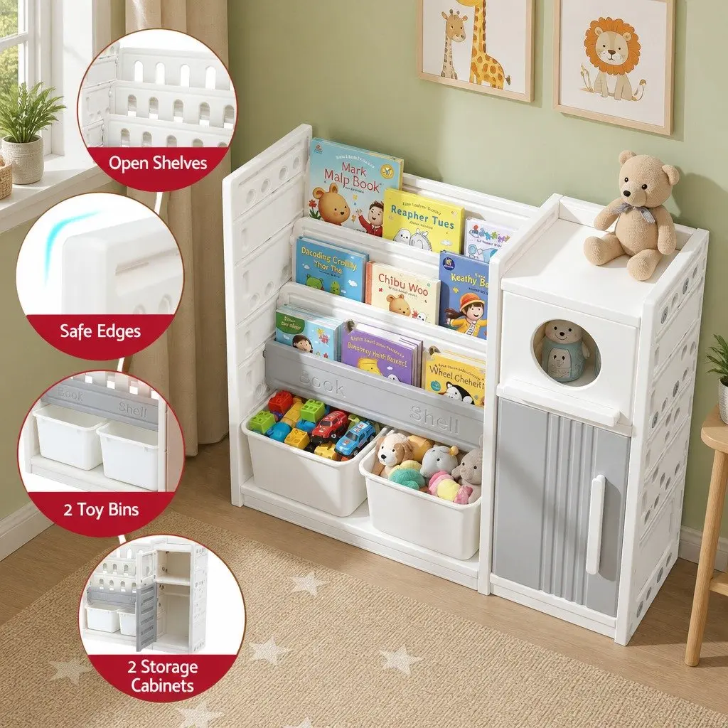 Kids Bookshelf Toy Storage Organizer 3-Tier Shelves Removable Bins White Grey
