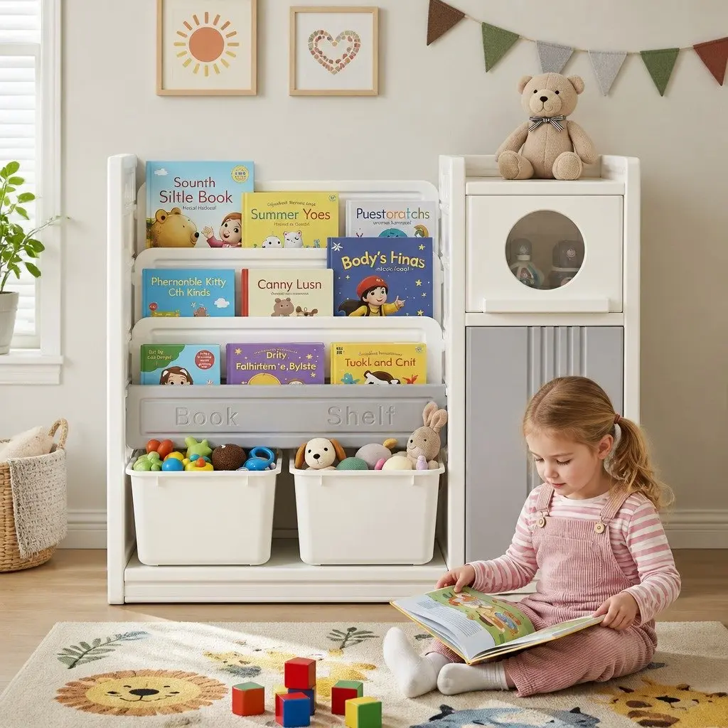 Kids Bookshelf Toy Storage Organizer 3-Tier Shelves Removable Bins White Grey