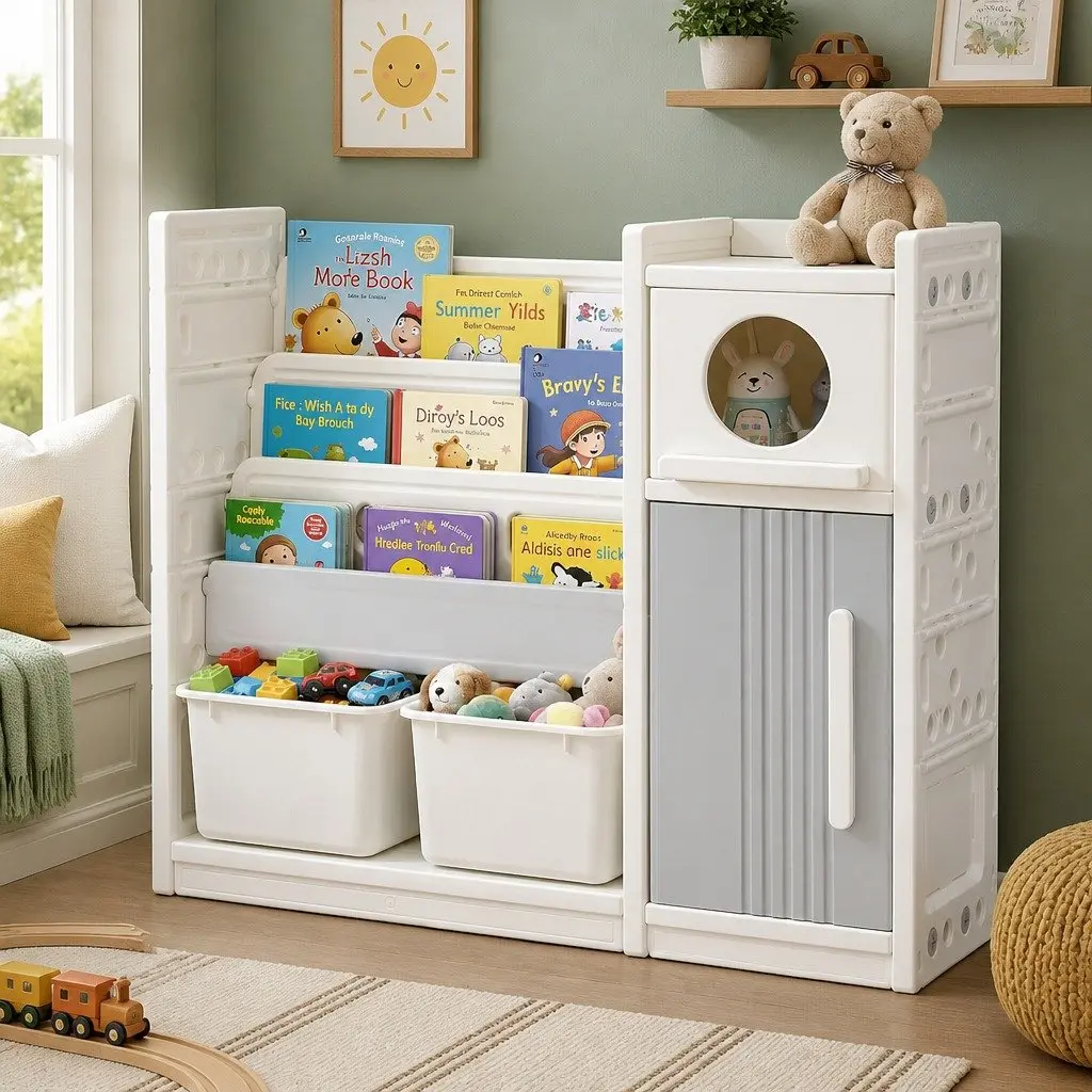 Kids Bookshelf Toy Storage Organizer 3-Tier Shelves Removable Bins White Grey