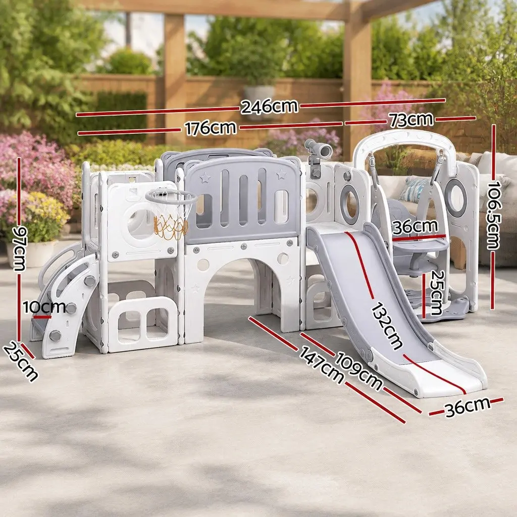Kids Outdoor Play Equipment 4-in-1 Swing Slide Set Basketball Hoop 132cm Grey and White