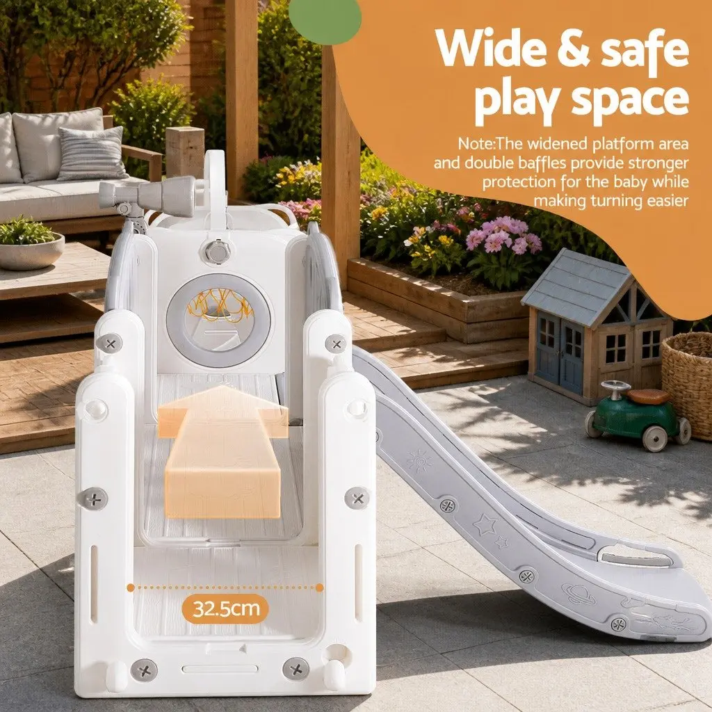 Kids Outdoor Play Equipment 4-in-1 Swing Slide Set Basketball Hoop 132cm Grey and White