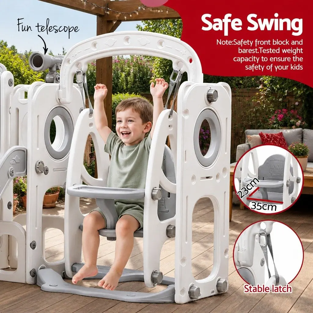 Kids Outdoor Play Equipment 4-in-1 Swing Slide Set Basketball Hoop 132cm Grey and White