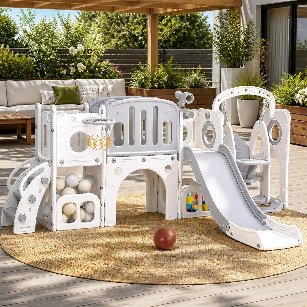 Kids Outdoor Play Equipment 4-in-1 Swing Slide Set Basketball Hoop 132cm Grey and White