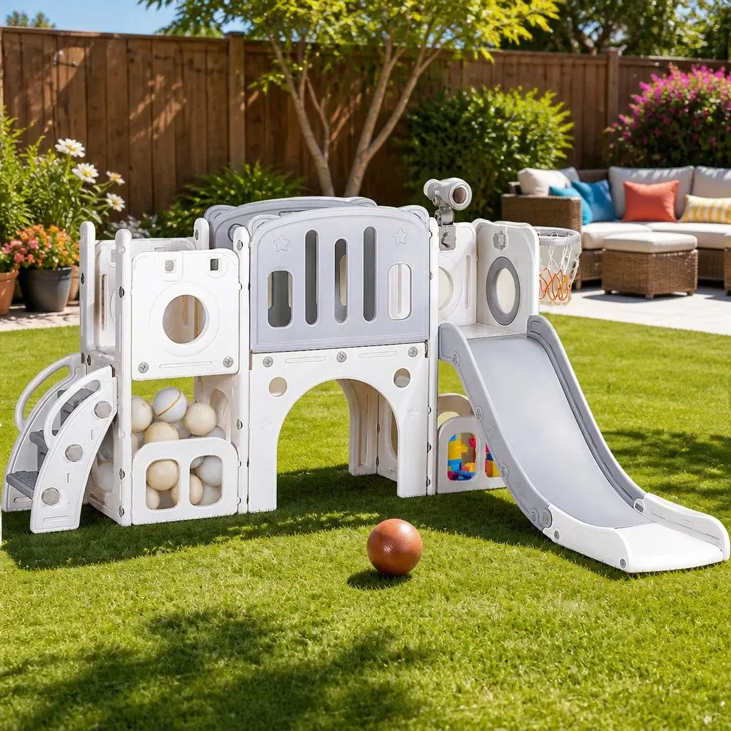Kids Slide Swing Set Outdoor Play Equipment 3 in 1 Grey and White