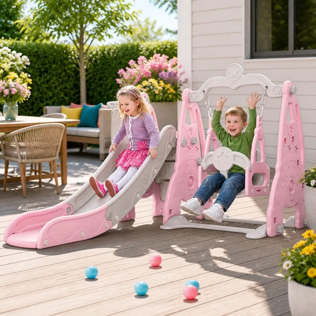 Kids Swing Slide Set Outdoor Play Equipment 3-in-1 Blue