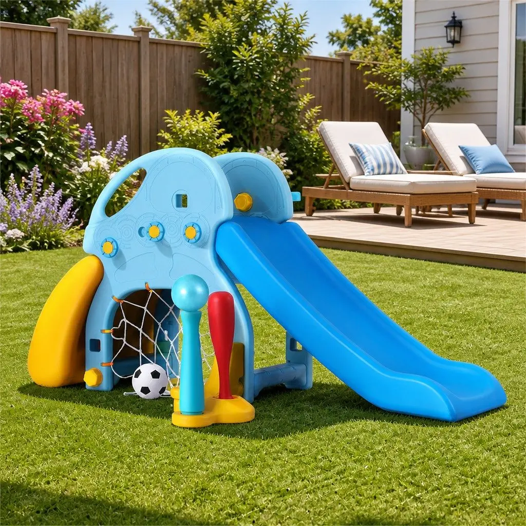 Kids Slide Set 5-in-1 Outdoor Playground Basketball Hoop Batting Game Rock Climbing Blue Yellow