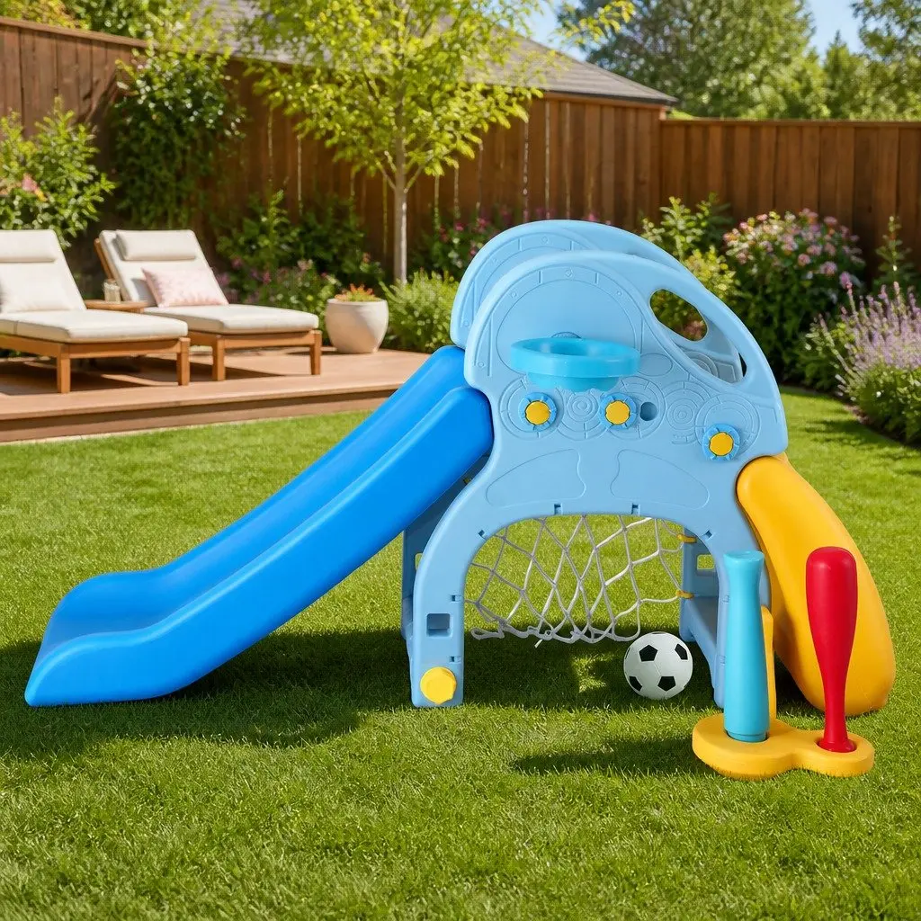 Kids Slide Set 5-in-1 Outdoor Playground Basketball Hoop Batting Game Rock Climbing Blue Yellow