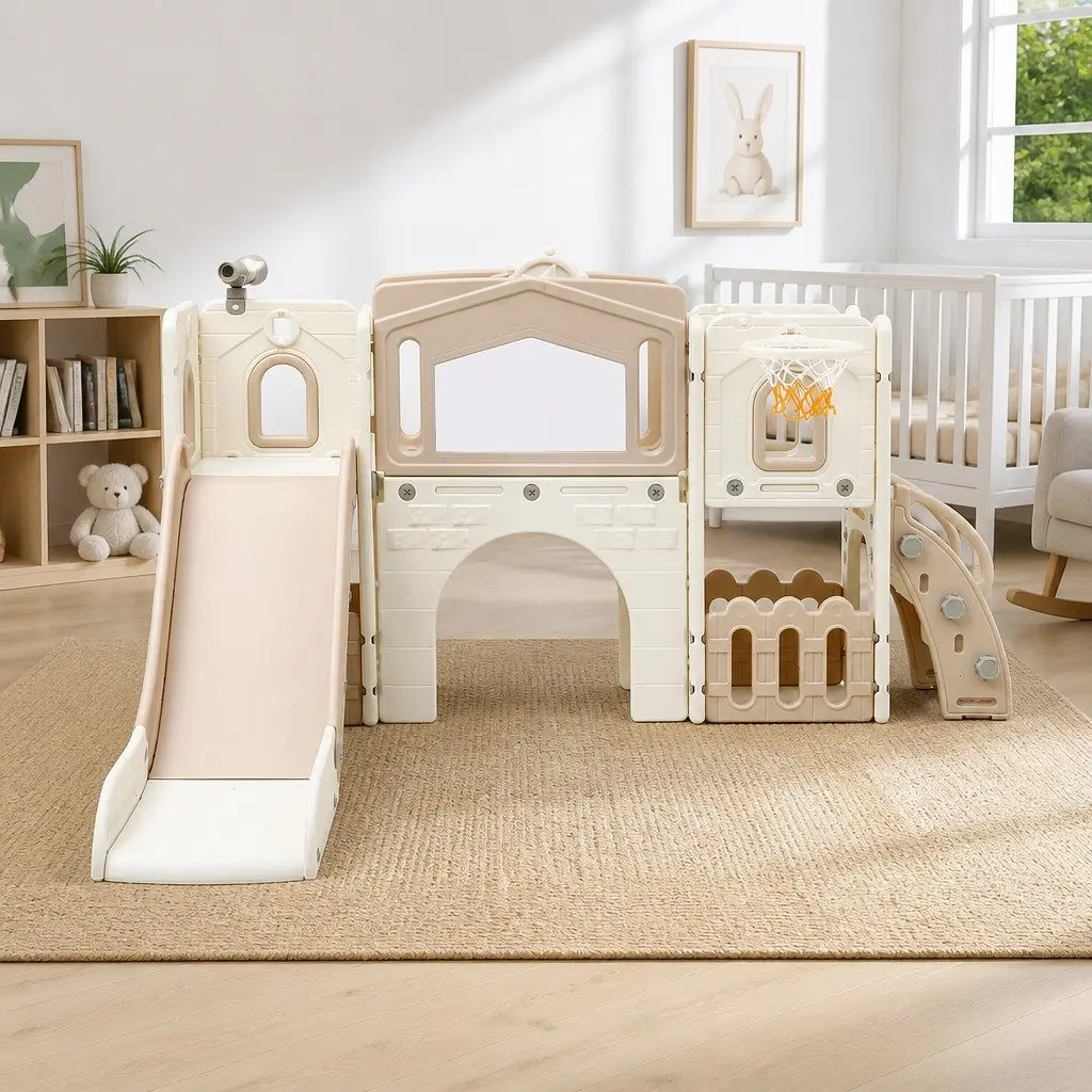 Kids Slide Set Toddler Indoor Playset Drawing Board Basketball Hoop Playhouse