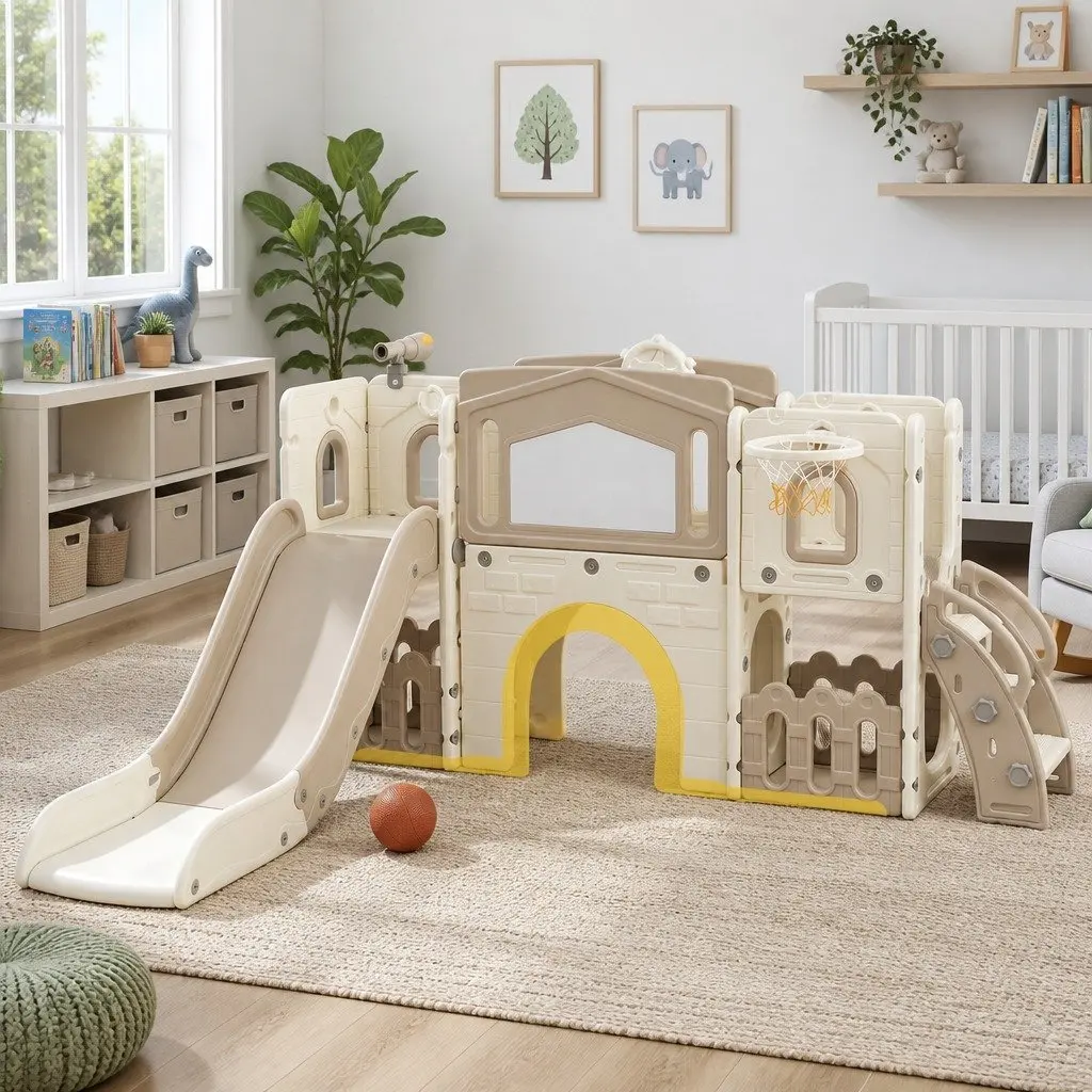 Kids Slide Set Toddler Indoor Playset Drawing Board Basketball Hoop Playhouse