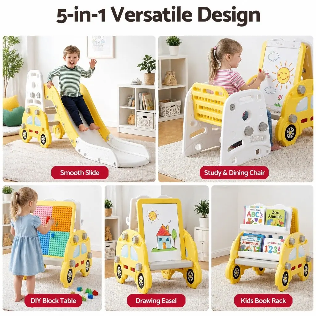 Indoor Playset Kids Slide Set 5-in-1 Activity Center Yellow White