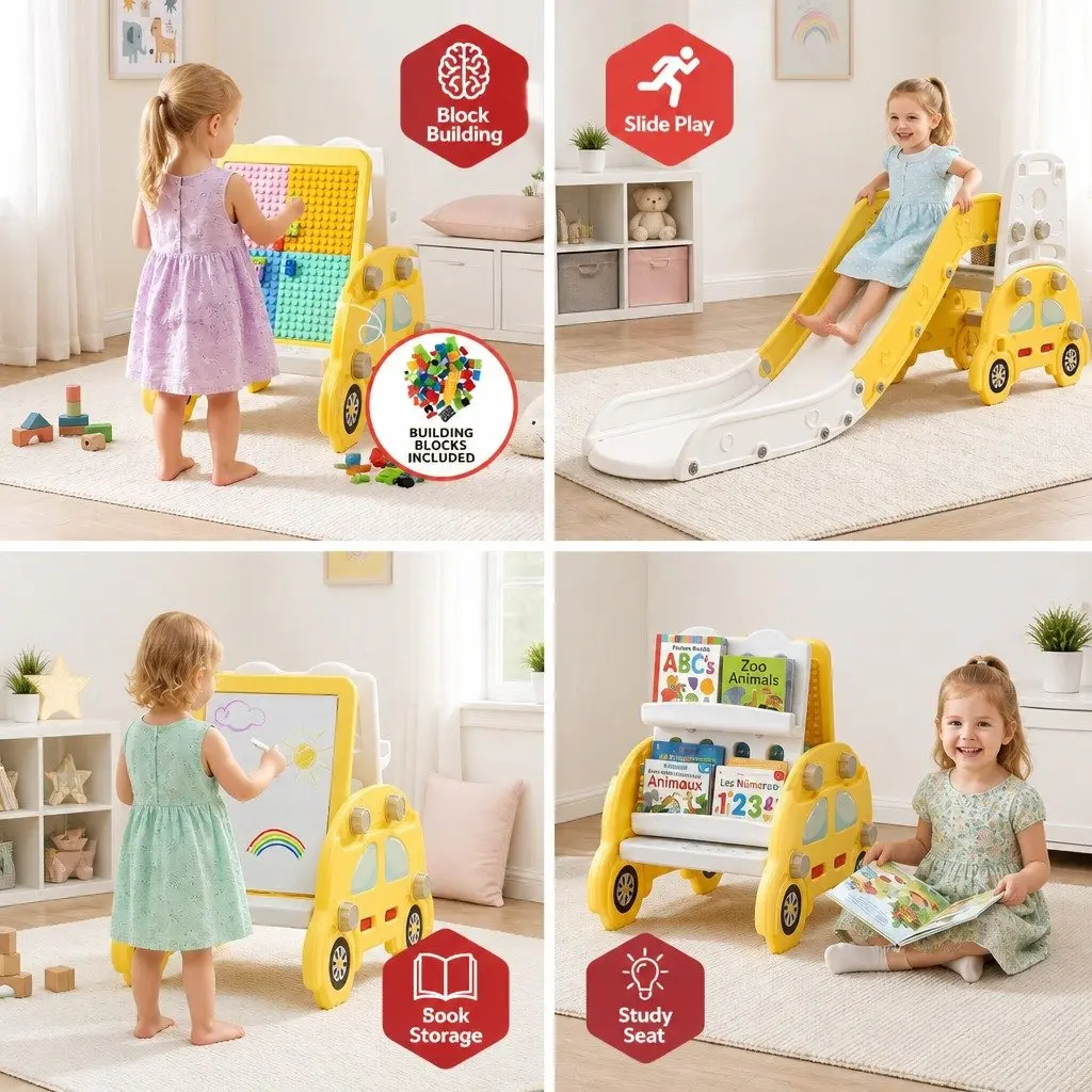 Indoor Playset Kids Slide Set 5-in-1 Activity Center Yellow White