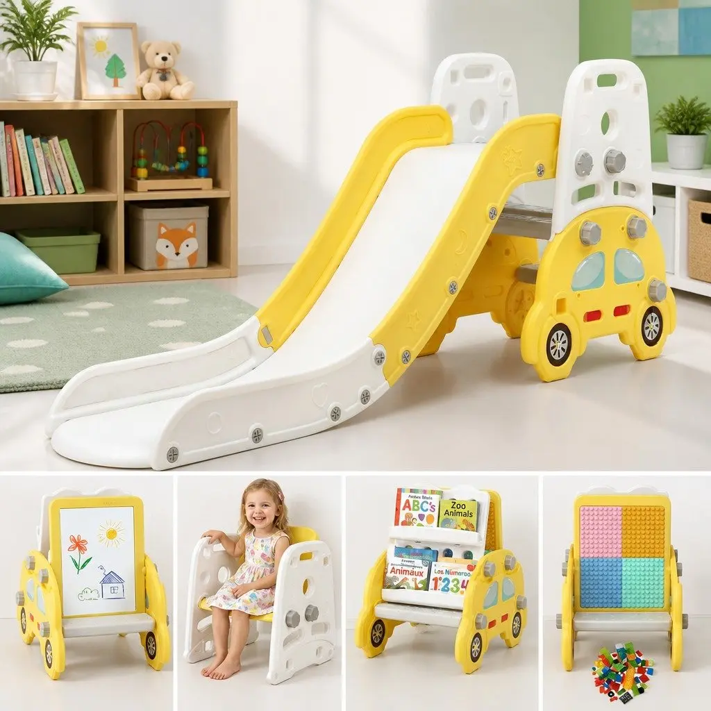 Indoor Playset Kids Slide Set 5-in-1 Activity Center Yellow White