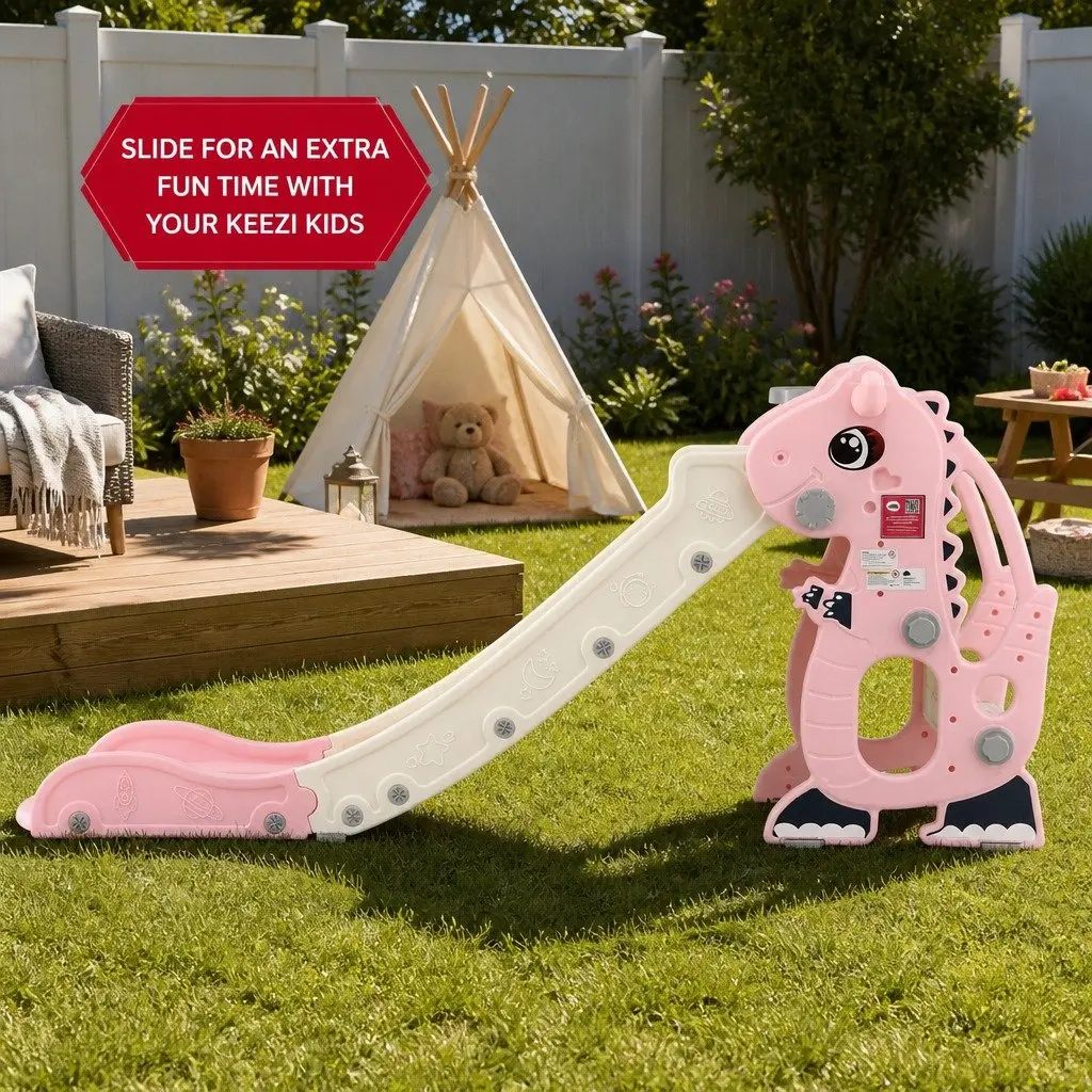Kids Slide Set with Basketball Hoop Outdoor Playground Dragon Design 125cm Pink