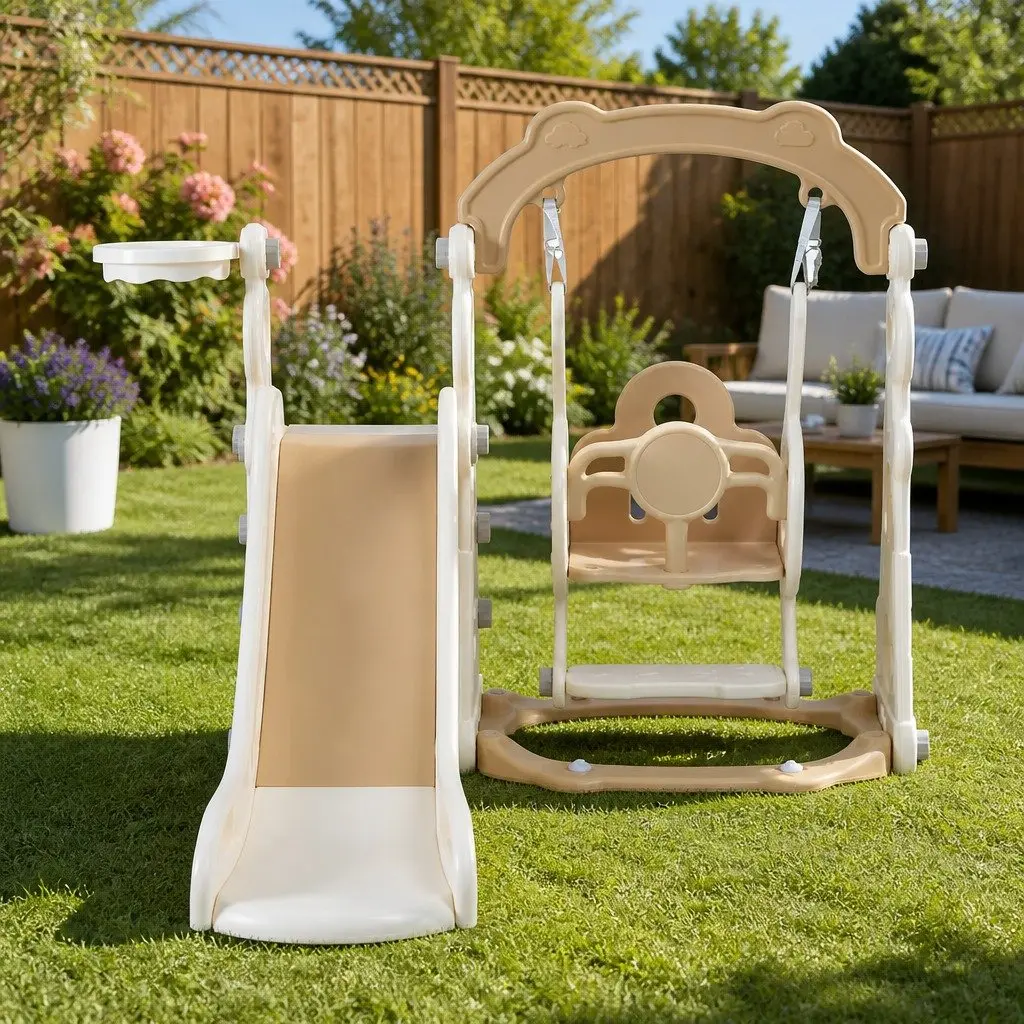 Kids Slide Swing Set 3-in-1 Outdoor Play Equipment Beige