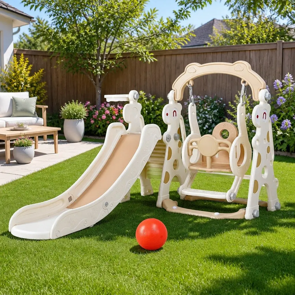 Kids Slide Swing Set 3-in-1 Outdoor Play Equipment Beige