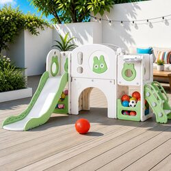 Kids Slide Swing Set Ball Hoop Rings Football Outdoor Play Equipment Toy Green