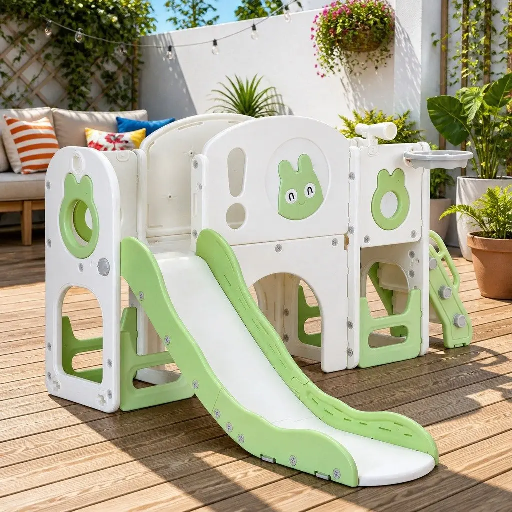Kids Slide Swing Set Ball Hoop Rings Football Outdoor Play Equipment Toy Green
