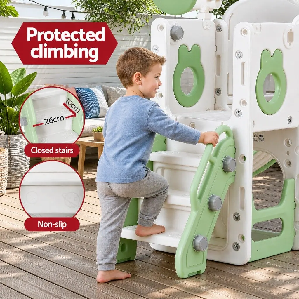 Kids Slide Swing Set Ball Hoop Rings Football Outdoor Play Equipment Toy Green