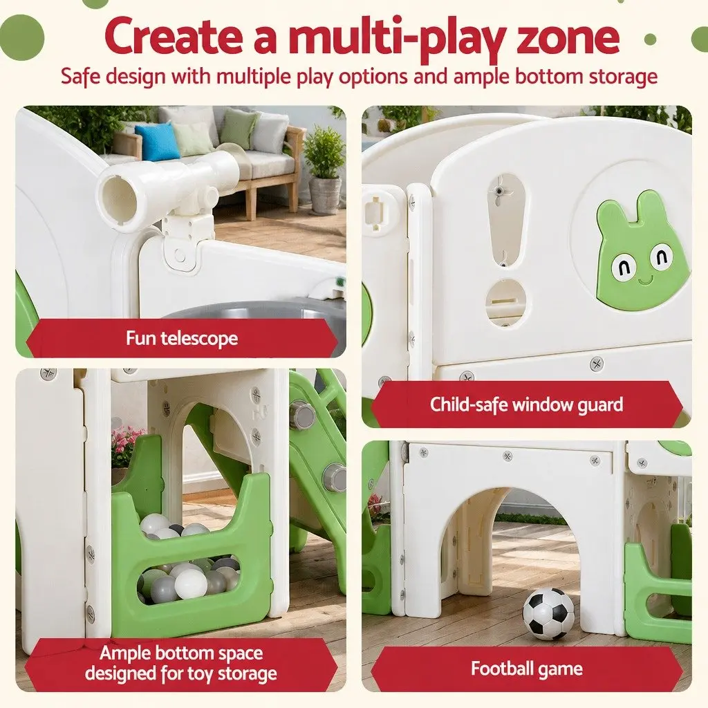 Kids Slide Swing Set Ball Hoop Rings Football Outdoor Play Equipment Toy Green