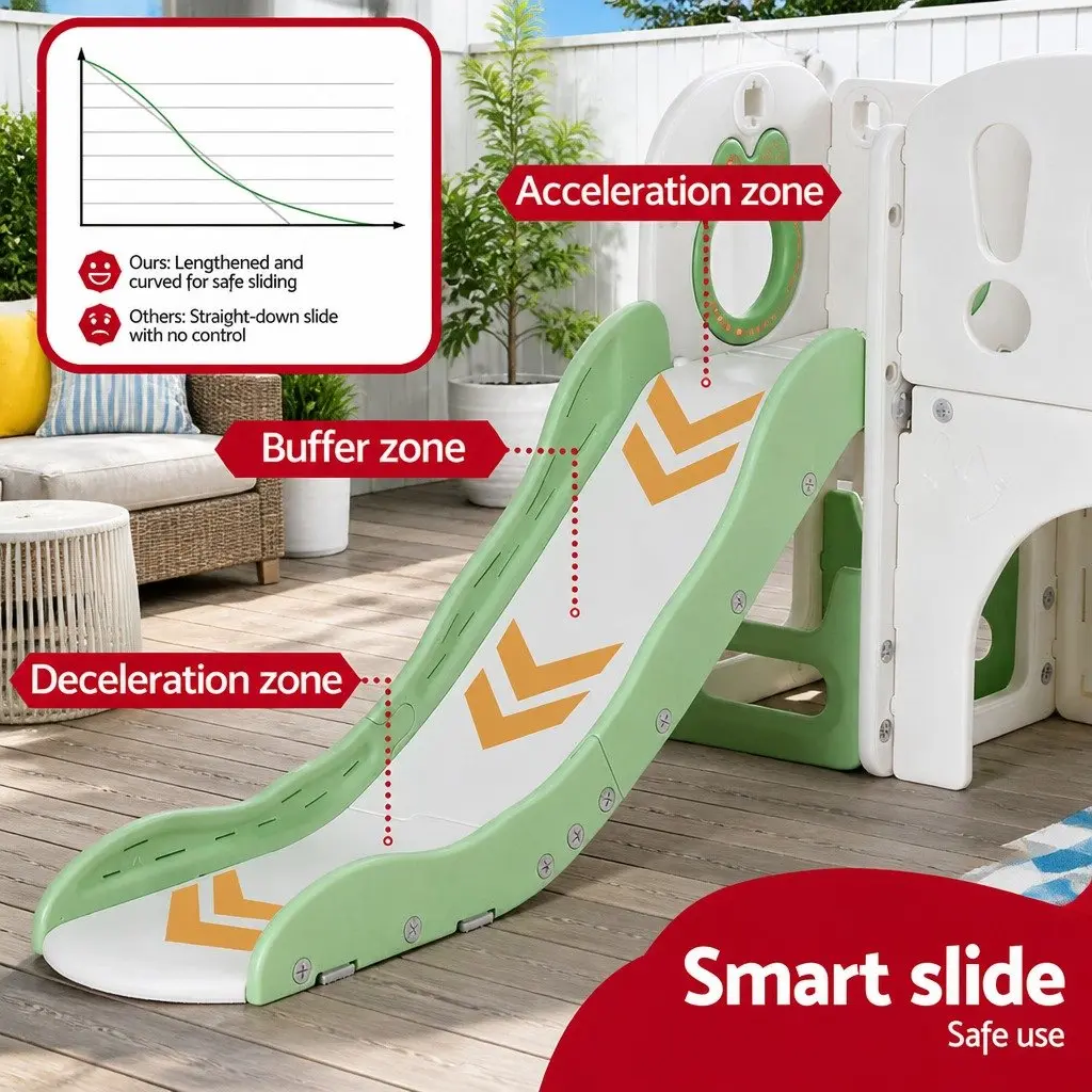 Kids Slide Swing Set Ball Hoop Rings Football Outdoor Play Equipment Toy Green