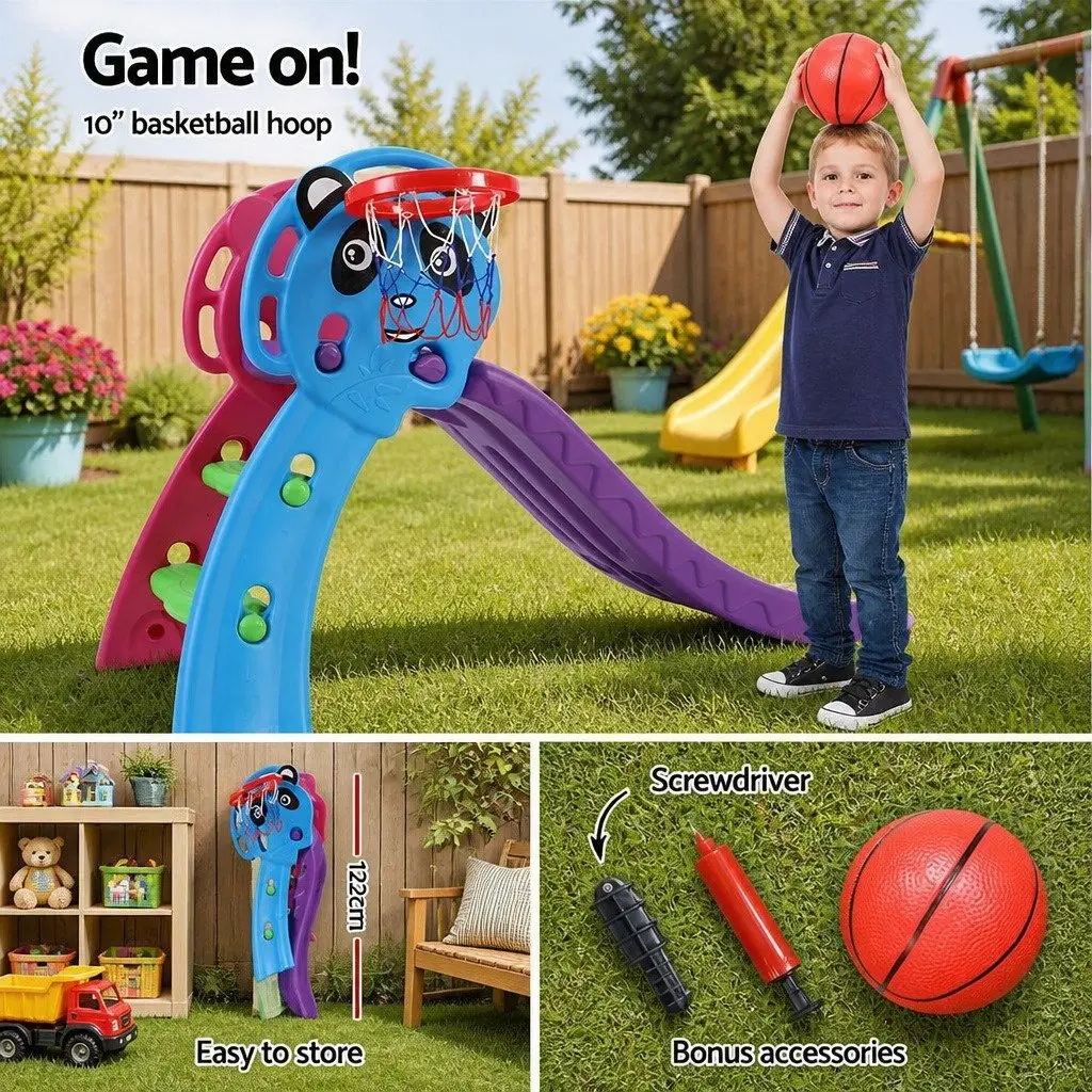 Kids Slide Set Basketball Hoop 100cm Indoor Outdoor Play Multi-Coloured