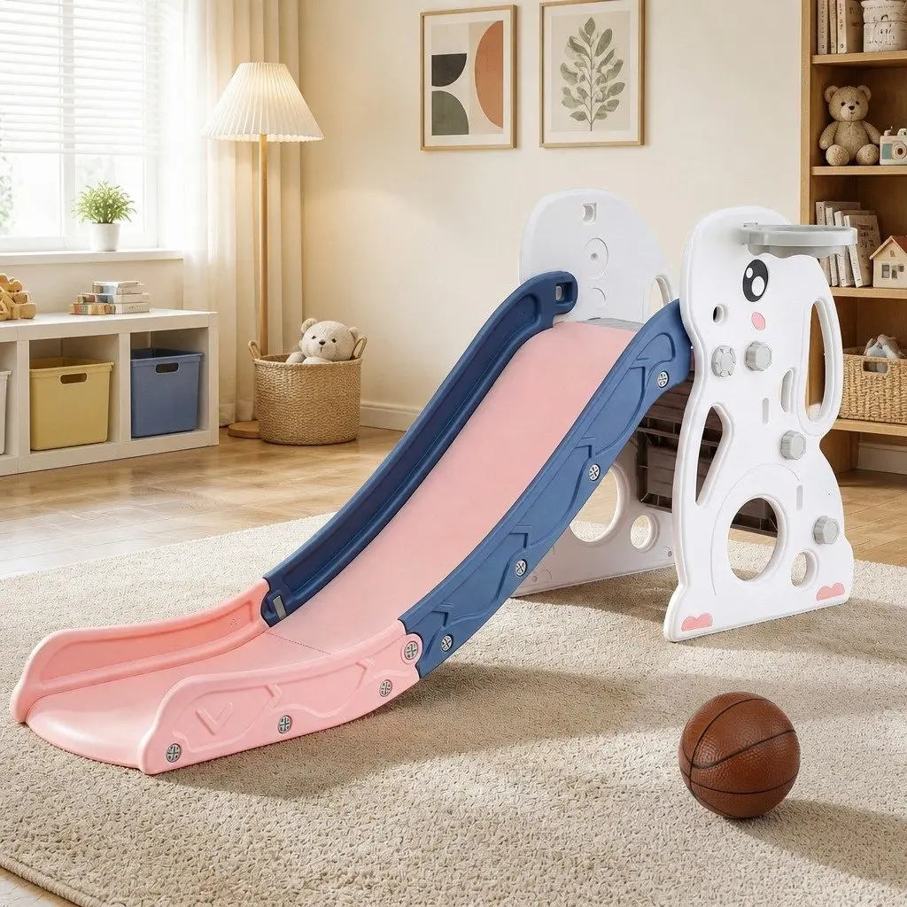 Kids Slide Set Activity Playground Toy 147cm Slide Basketball Hoop Climber Hiding Spot Storage Green