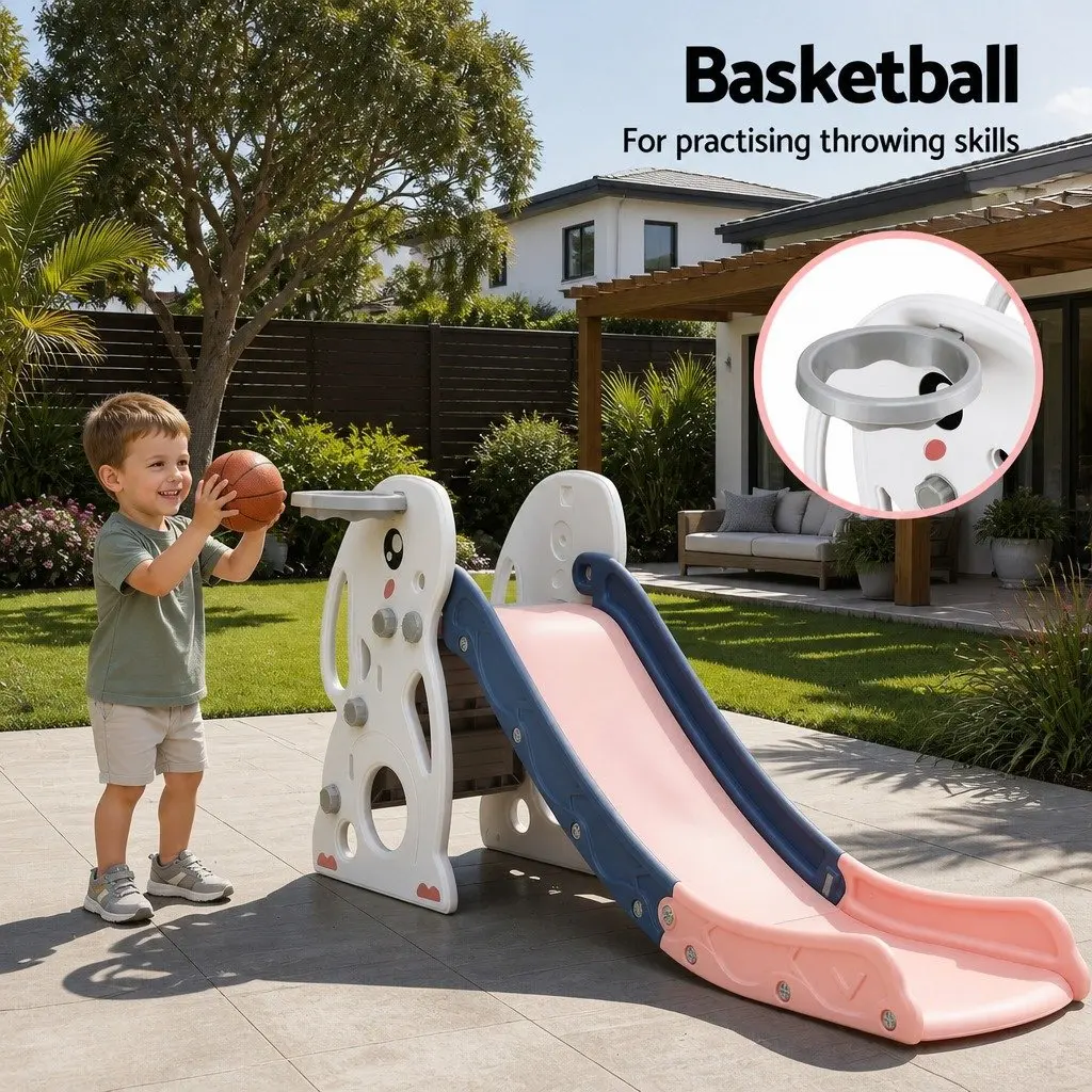Kids Slide Set Activity Playground Toy 147cm Slide Basketball Hoop Climber Hiding Spot Storage Green
