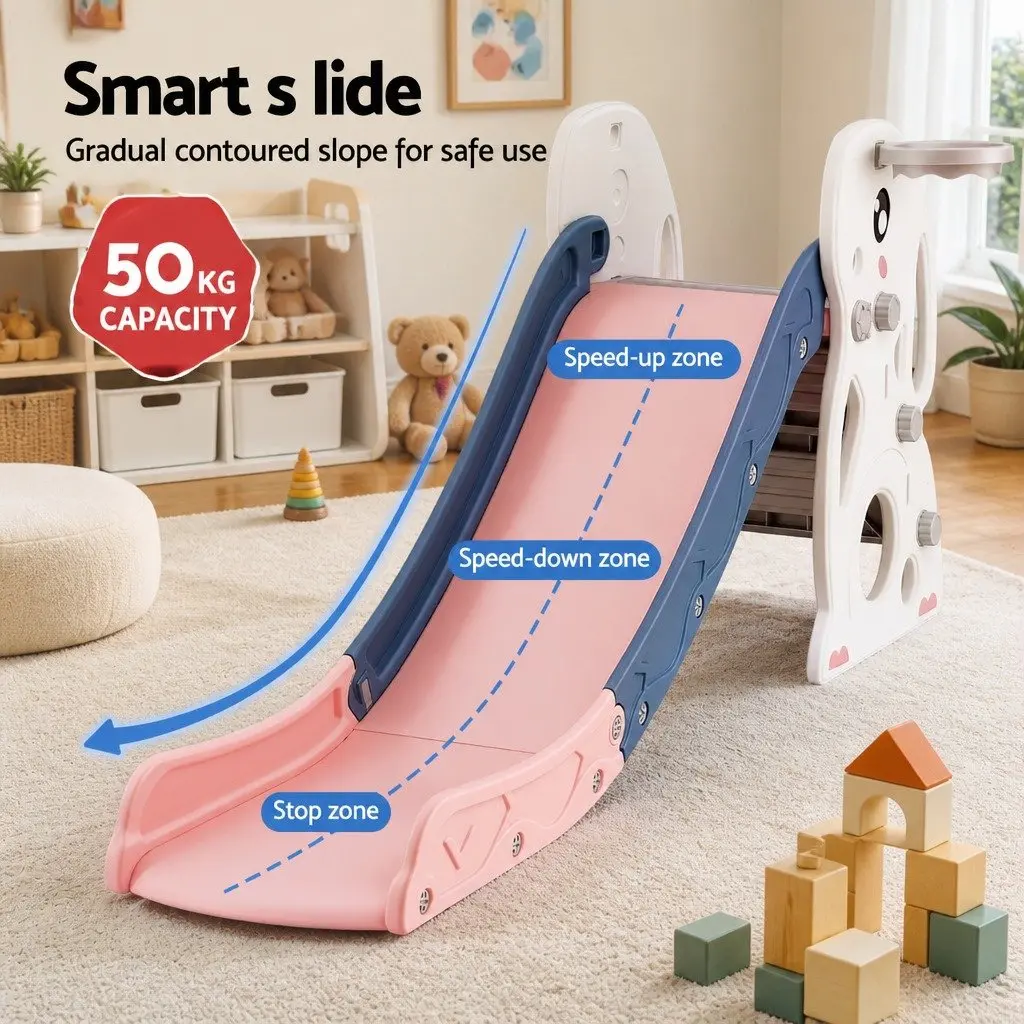 Kids Slide Set Activity Playground Toy 147cm Slide Basketball Hoop Climber Hiding Spot Storage Green