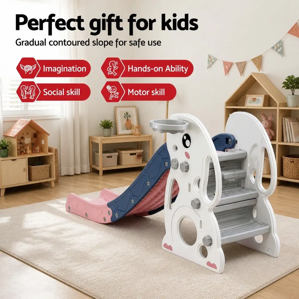 Kids Slide Set Activity Playground Toy 147cm Slide Basketball Hoop Climber Hiding Spot Storage Green