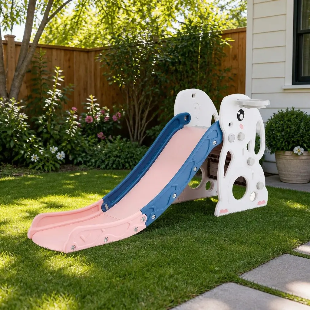 Kids Slide Set Activity Playground Toy 147cm Slide Basketball Hoop Climber Hiding Spot Storage Green
