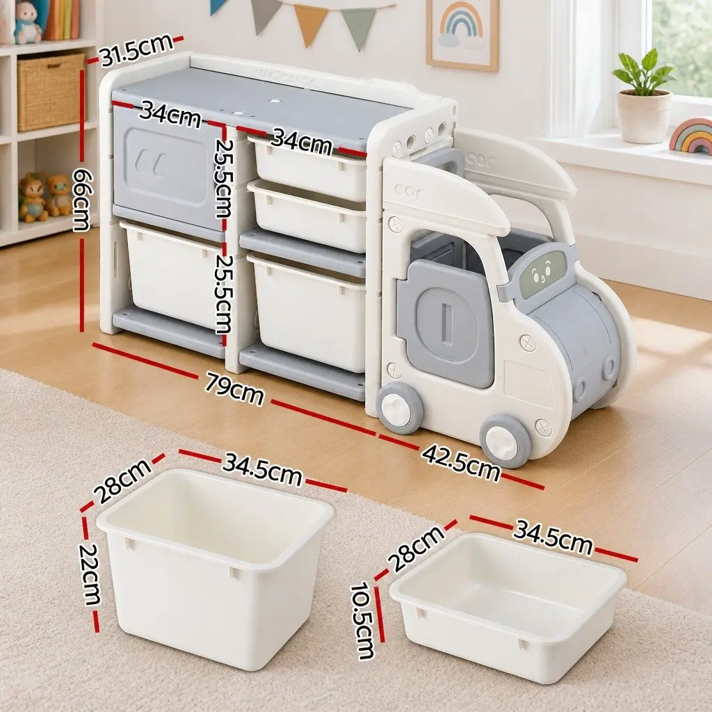 Car Shaped Kids Toy Storage Organizer with Removable Bins Drawers Cabinet White Grey