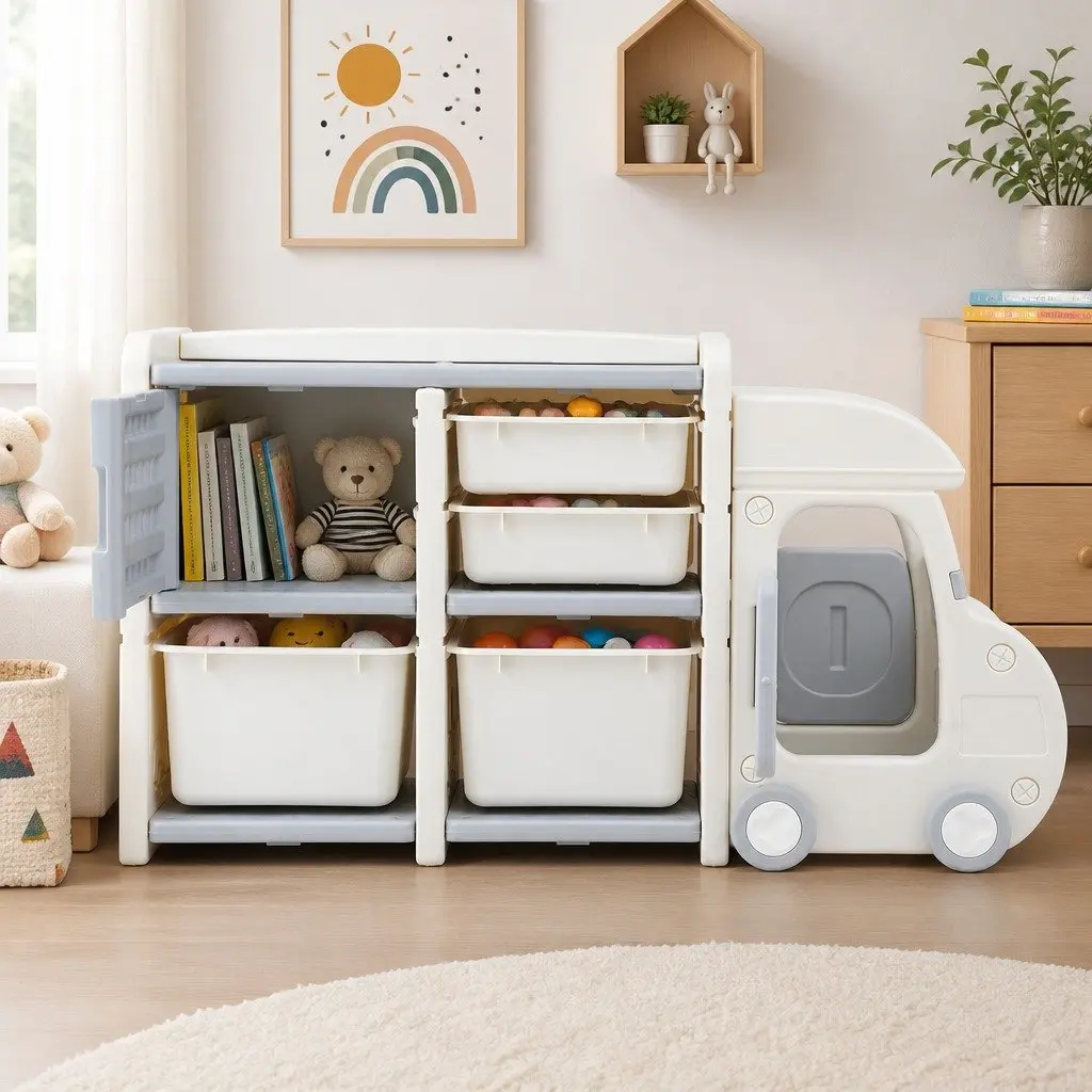 Car Shaped Kids Toy Storage Organizer with Removable Bins Drawers Cabinet White Grey