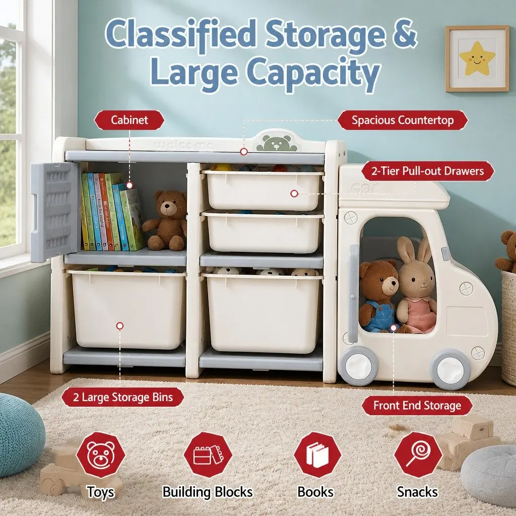 Car Shaped Kids Toy Storage Organizer with Removable Bins Drawers Cabinet White Grey