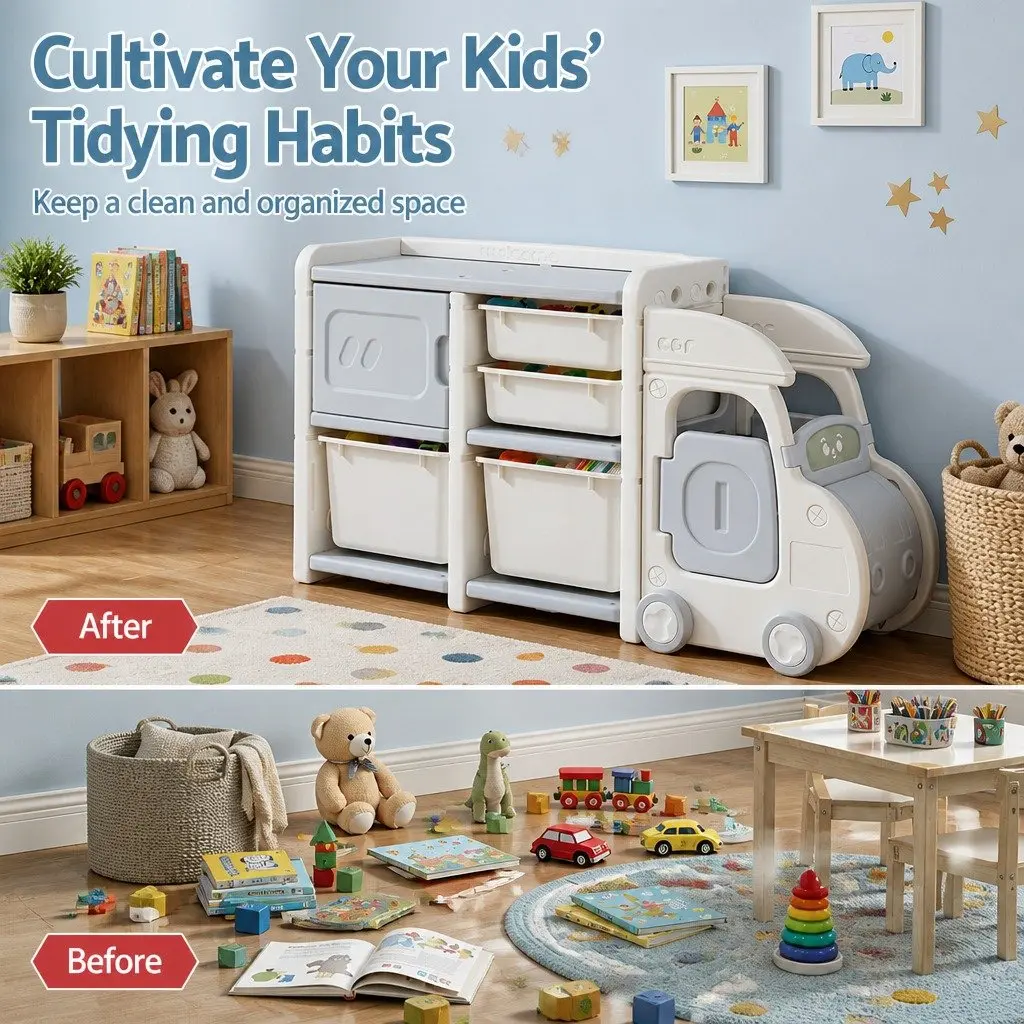 Car Shaped Kids Toy Storage Organizer with Removable Bins Drawers Cabinet White Grey