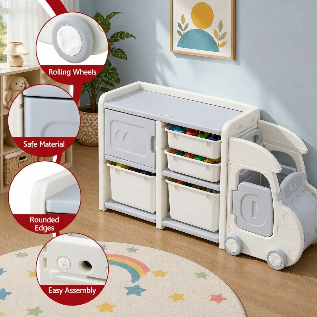Car Shaped Kids Toy Storage Organizer with Removable Bins Drawers Cabinet White Grey