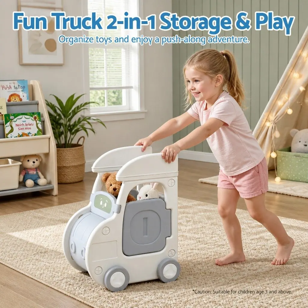 Car Shaped Kids Toy Storage Organizer with Removable Bins Drawers Cabinet White Grey
