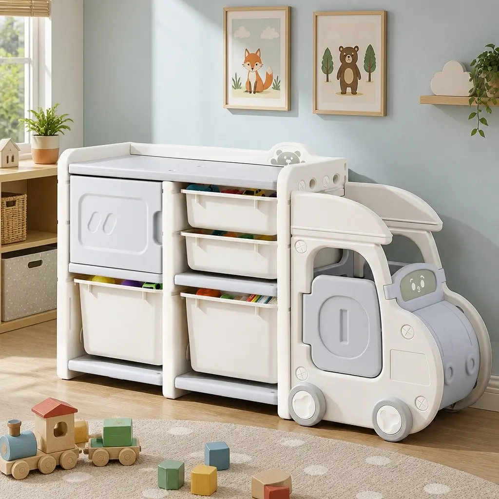 Car Shaped Kids Toy Storage Organizer with Removable Bins Drawers Cabinet White Grey