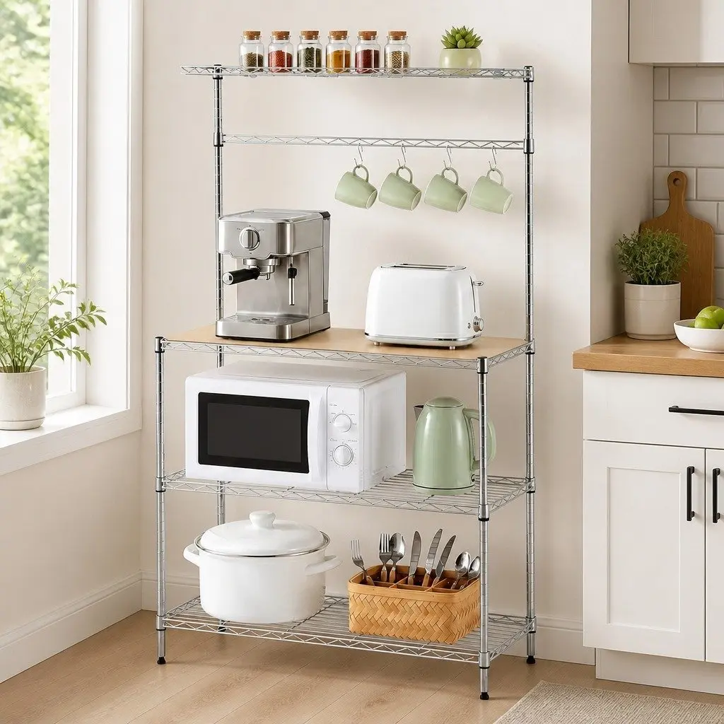 4-Tier Metal Kitchen Shelf Rack Storage Organizer 90cm x 34cm x 151cm Silver